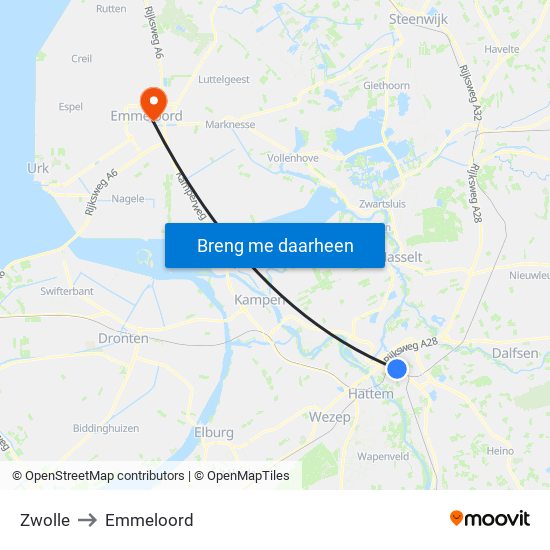 Zwolle to Emmeloord map