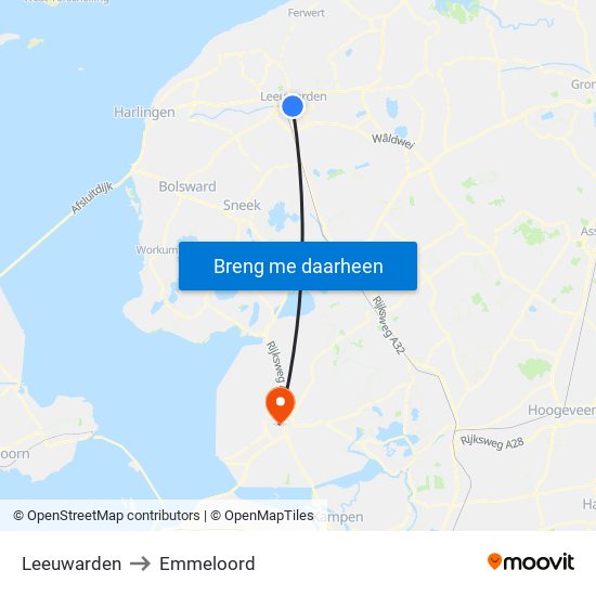 Leeuwarden to Emmeloord map