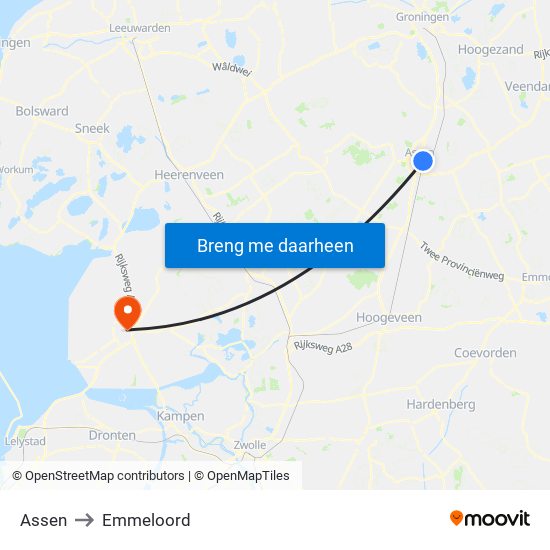 Assen to Emmeloord map