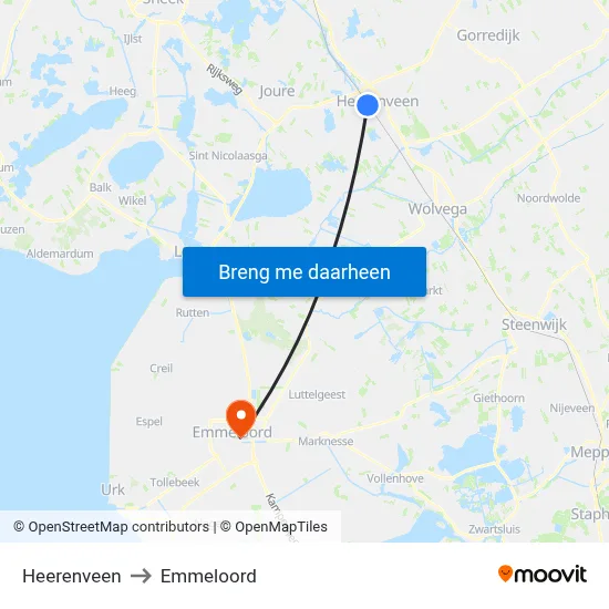 Heerenveen to Emmeloord map