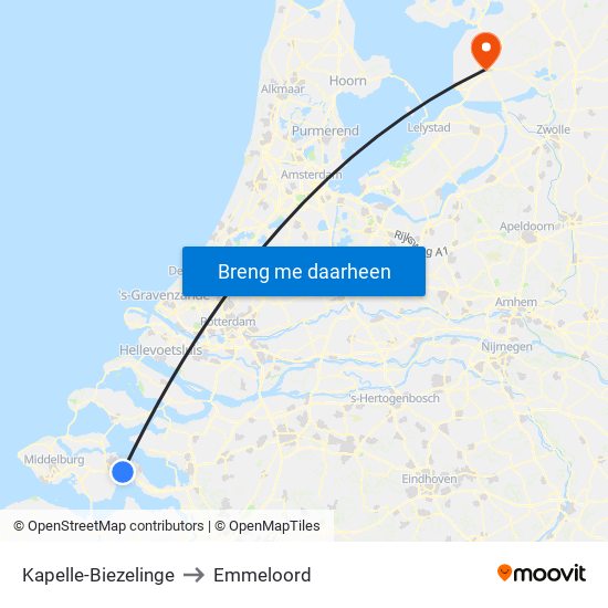 Kapelle-Biezelinge to Emmeloord map