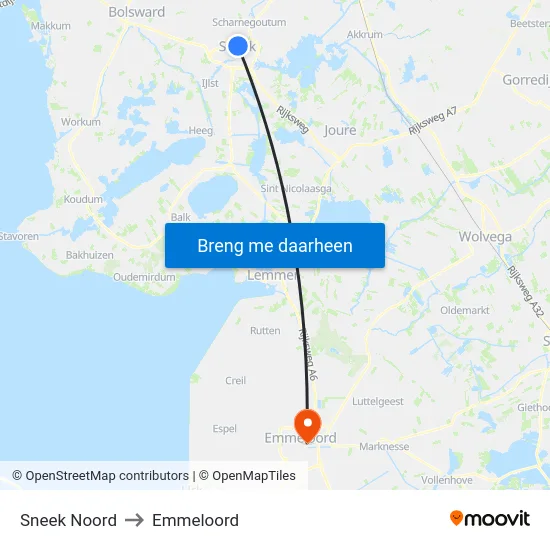Sneek Noord to Emmeloord map