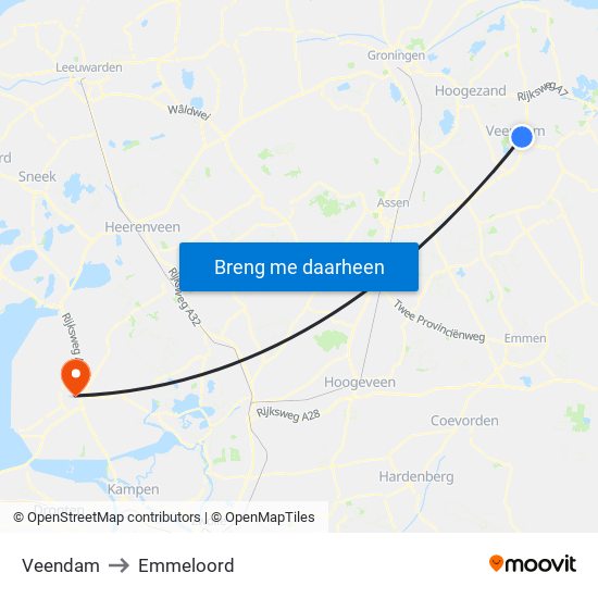 Veendam to Emmeloord map