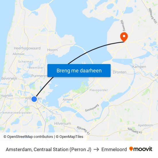 Amsterdam, Centraal Station (Perron J) to Emmeloord map