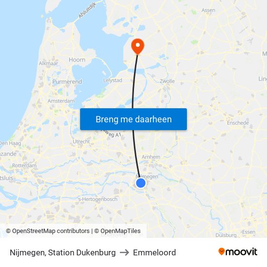 Nijmegen, Station Dukenburg to Emmeloord map