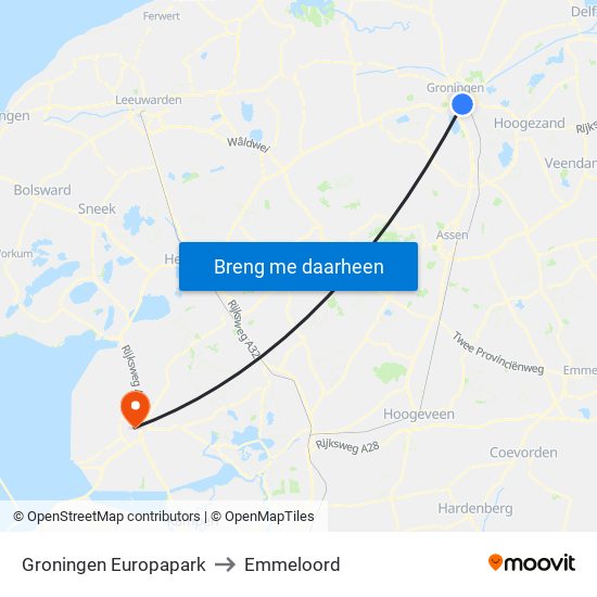 Groningen Europapark to Emmeloord map