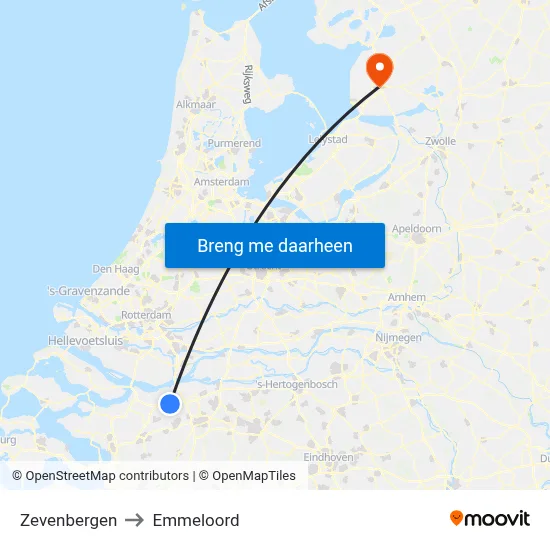 Zevenbergen to Emmeloord map