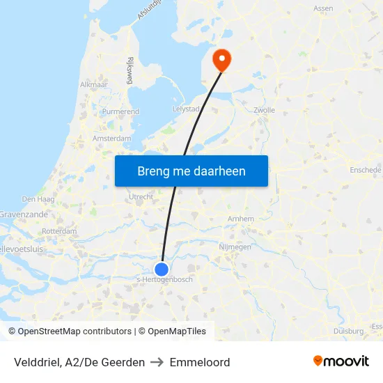 Velddriel, A2/De Geerden to Emmeloord map