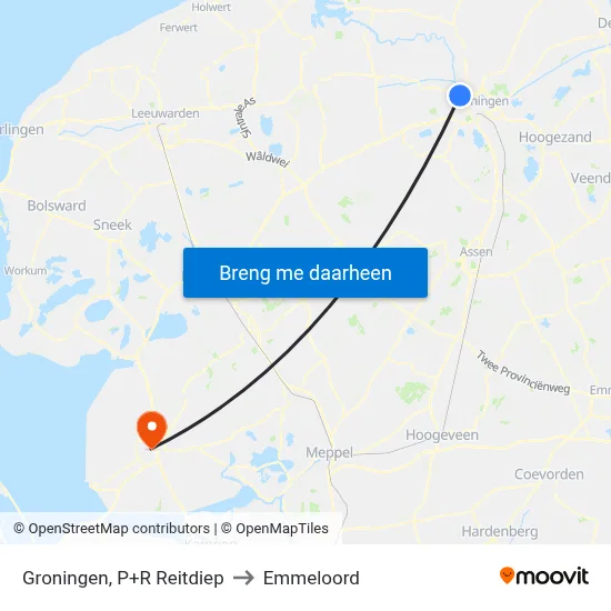 Groningen, P+R Reitdiep to Emmeloord map