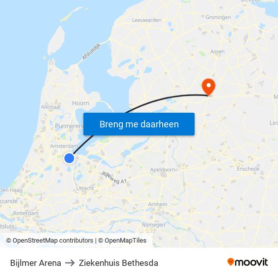Bijlmer Arena to Ziekenhuis Bethesda map