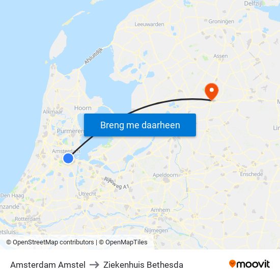 Amsterdam Amstel to Ziekenhuis Bethesda map