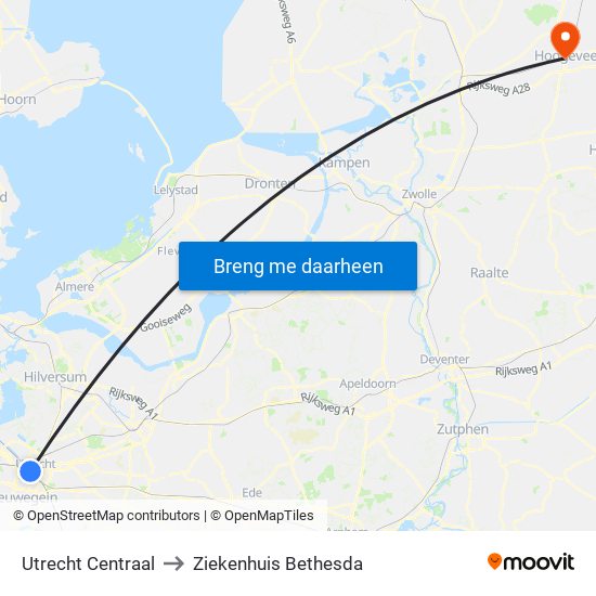 Utrecht Centraal to Ziekenhuis Bethesda map