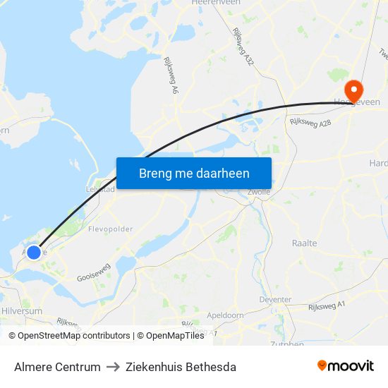Almere Centrum to Ziekenhuis Bethesda map
