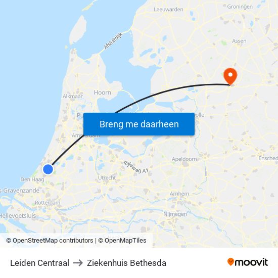 Leiden Centraal to Ziekenhuis Bethesda map
