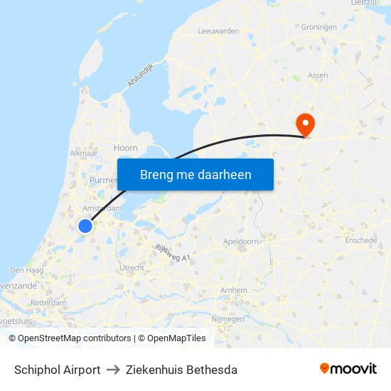 Schiphol Airport to Ziekenhuis Bethesda map