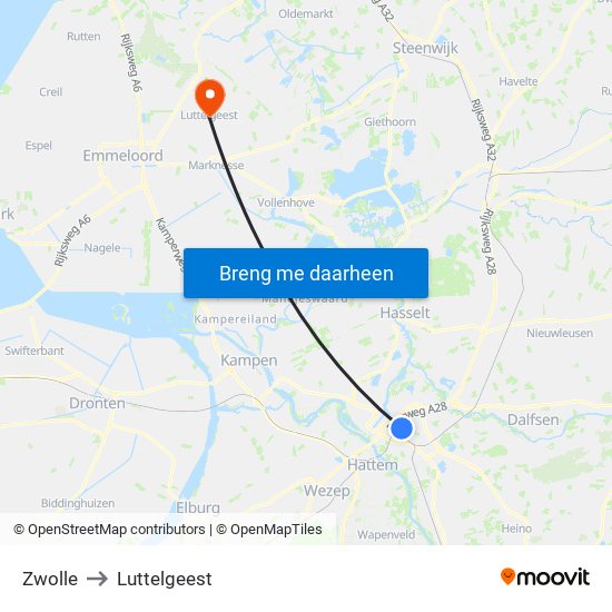 Zwolle to Luttelgeest map