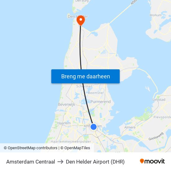 Amsterdam Centraal to Den Helder Airport (DHR) map