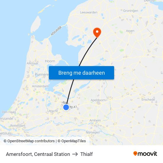 Amersfoort, Centraal Station to Thialf map