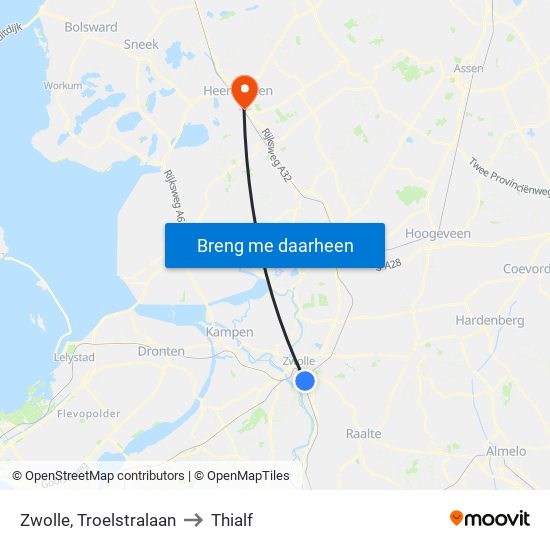 Zwolle, Troelstralaan to Thialf map