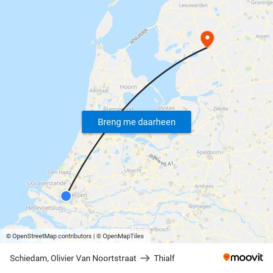 Schiedam, Olivier Van Noortstraat to Thialf map