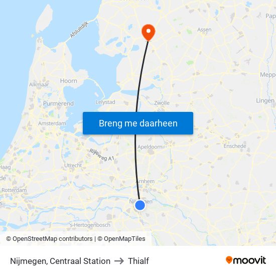 Nijmegen, Centraal Station to Thialf map
