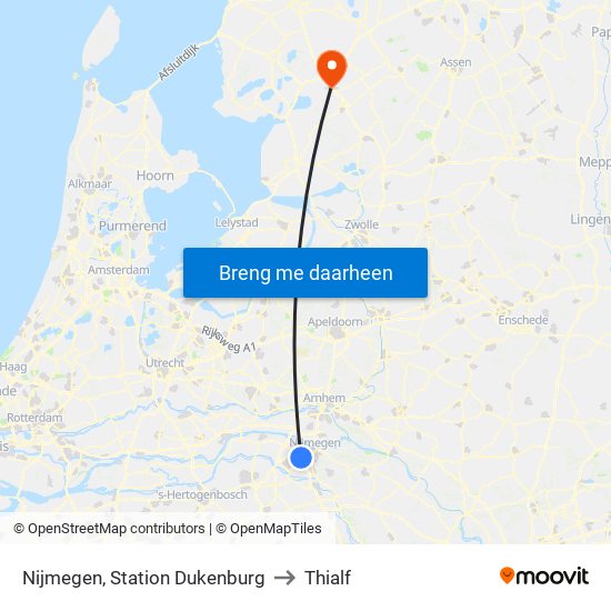 Nijmegen, Station Dukenburg to Thialf map
