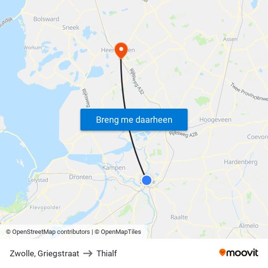 Zwolle, Griegstraat to Thialf map