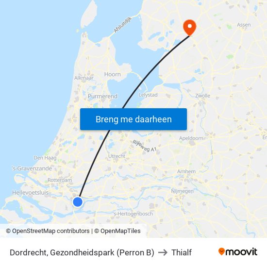 Dordrecht, Gezondheidspark (Perron B) to Thialf map