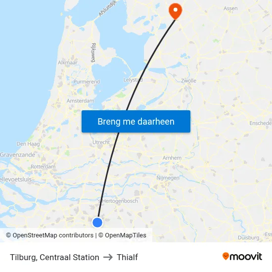 Tilburg, Centraal Station to Thialf map