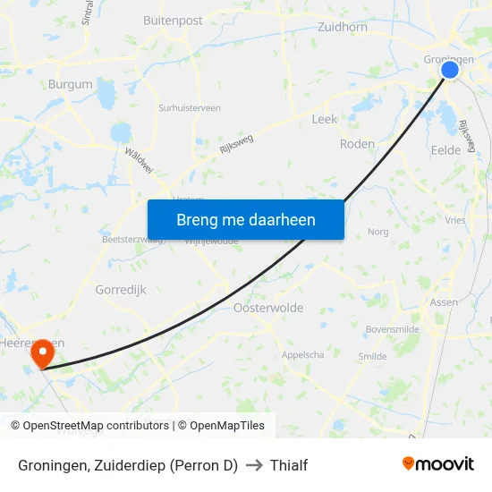 Groningen, Zuiderdiep (Perron D) to Thialf map