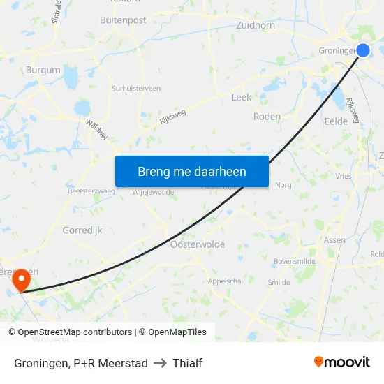 Groningen, P+R Meerstad to Thialf map
