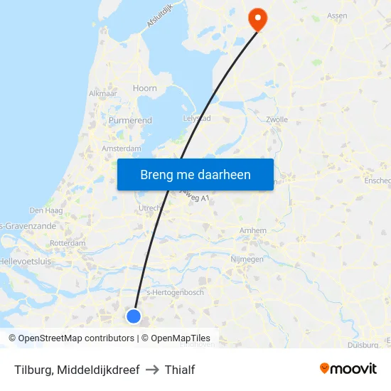 Tilburg, Middeldijkdreef to Thialf map