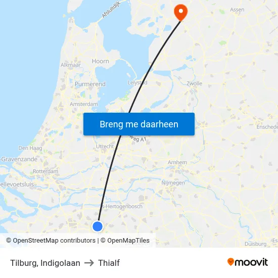 Tilburg, Indigolaan to Thialf map