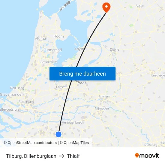 Tilburg, Dillenburglaan to Thialf map