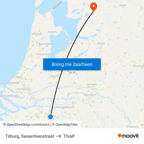 Tilburg, Swaardvenstraat to Thialf map