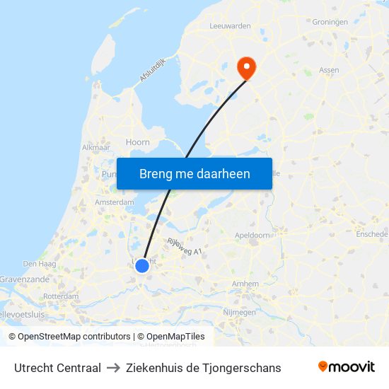 Utrecht Centraal to Ziekenhuis de Tjongerschans map