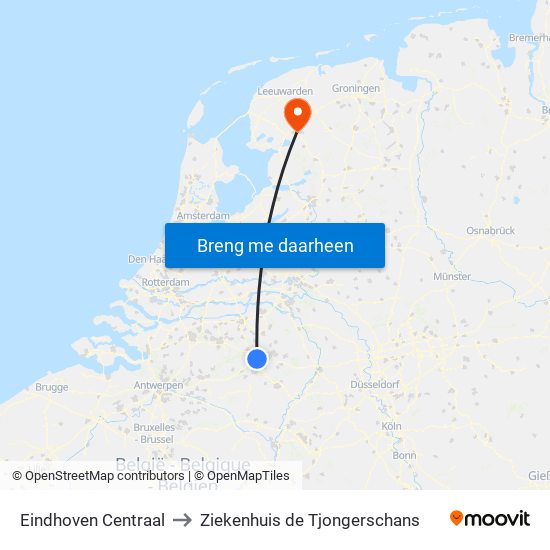 Eindhoven Centraal to Ziekenhuis de Tjongerschans map
