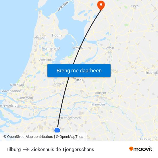 Tilburg to Ziekenhuis de Tjongerschans map