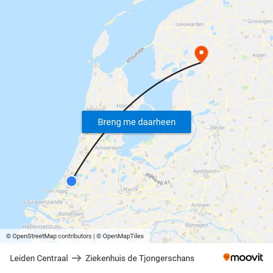 Leiden Centraal to Ziekenhuis de Tjongerschans map