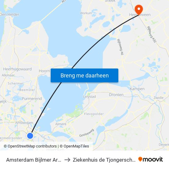 Amsterdam Bijlmer Arena to Ziekenhuis de Tjongerschans map