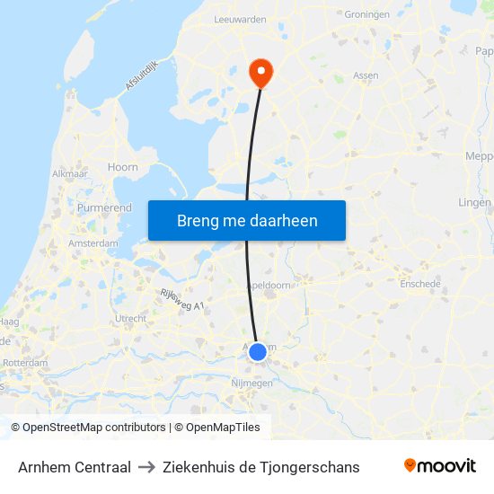 Arnhem Centraal to Ziekenhuis de Tjongerschans map