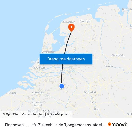 Eindhoven, Station to Ziekenhuis de Tjongerschans, afdeling Cardiologie map