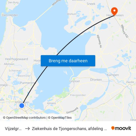 Vijzelgracht to Ziekenhuis de Tjongerschans, afdeling Cardiologie map