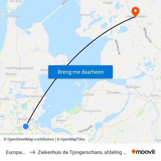 Europaplein to Ziekenhuis de Tjongerschans, afdeling Cardiologie map