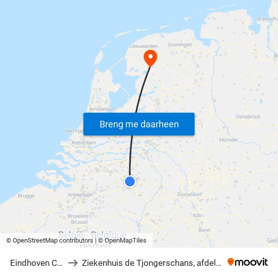 Eindhoven Centraal to Ziekenhuis de Tjongerschans, afdeling Cardiologie map