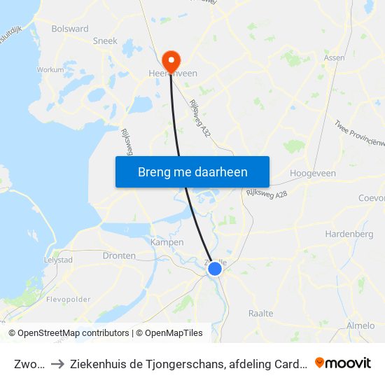 Zwolle to Ziekenhuis de Tjongerschans, afdeling Cardiologie map