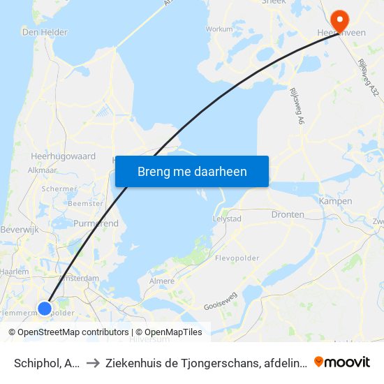 Schiphol, Airport to Ziekenhuis de Tjongerschans, afdeling Cardiologie map