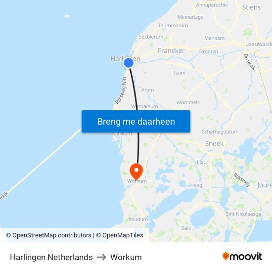 Harlingen Netherlands to Workum map