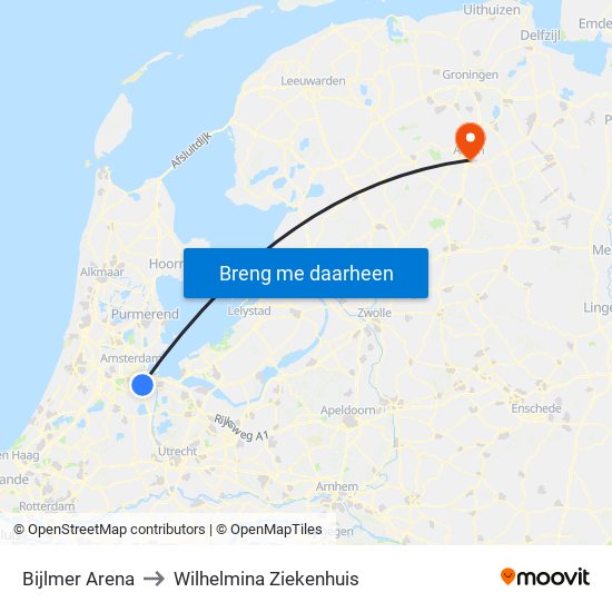 Bijlmer Arena to Wilhelmina Ziekenhuis map