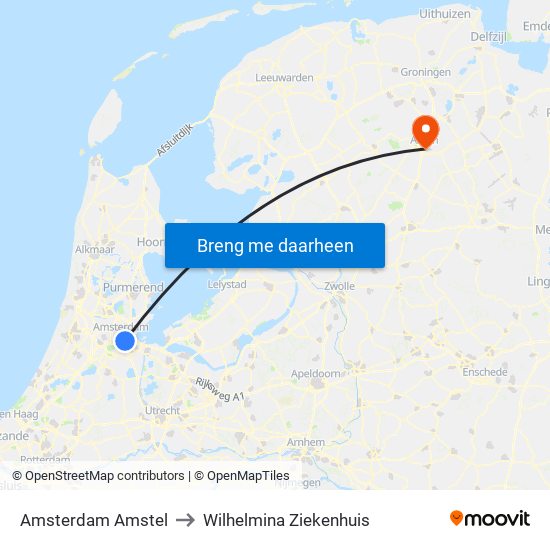 Amsterdam Amstel to Wilhelmina Ziekenhuis map
